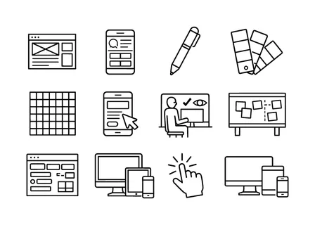 Design and prototyping: wireframe layout, ui screen mockup, design tools pen, color palette, grid system, user interface elements, clickable prototype, usability testing,