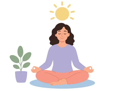 A serene woman sits in a lotus position, eyes closed, with a gentle smile, symbolizing mindfulness and tranquility in a bright, sunlit environment