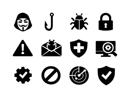 Cyber threats and defense: hacker mask, phishing hook, malware bug, ransomware lock, data breach alert, suspicious email, shield defense, system scan, security patch,