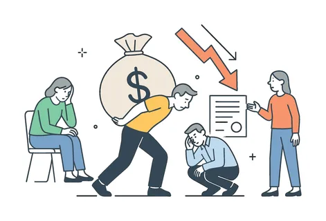 Financial stress and debt management in a personal or business context where individuals struggle to handle repayments and obligations, represented by a clear visual