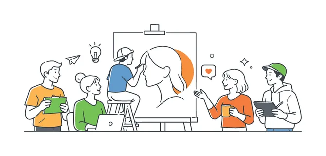 A creative design scenario where artists develop a minimal female portrait graphic for