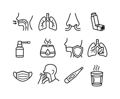 Throat respiratory health: throat with airflow arrows, lungs organ, nose with breathing lines, inhaler device, medicine throat spray, humidifier vapor device, throat with shield