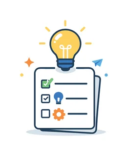 Creative workflow and innovation development centered on transforming ideas into actionable concepts, a light bulb positioned above a simple checklist forming a clear visual