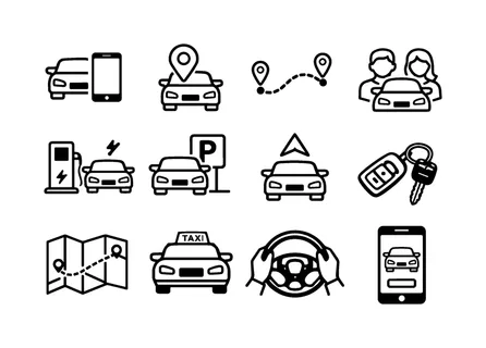 Car sharing and ride service: car with smartphone, car with location pin, car with route path, two user avatars with car, electric car charging station, parking sign with car