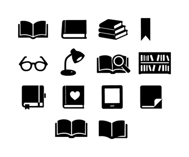 Books and reading set: open book, closed hardcover book, stacked books pile, bookmark ribbon, reading glasses, table reading lamp, book with magnifying glass, library bookshelf