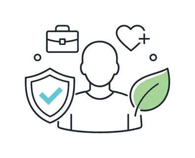 Work-life balance and employee support programs in corporate environments, a human figure combined with a simple shield and leaf element symbolizing protection and