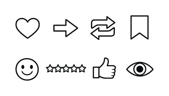 Social media engagement: heart like, share arrow, repost arrows, bookmark flag, emoji smile, star rating, thumbs up, eye view symbol.