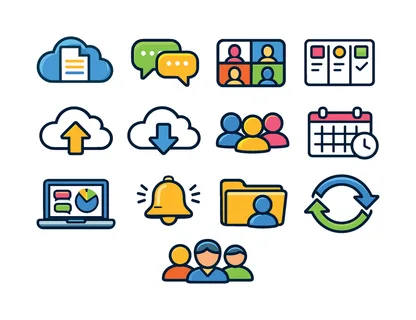 Cloud collaboration tools: shared cloud document, team chat bubbles, video meeting screen, task board columns, cloud file upload arrow, cloud file download arrow, group user