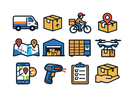 Urban delivery logistics: delivery van vehicle, package shipping box, courier bicycle ride, location pin package, route navigation map, warehouse storage building, parcel locker