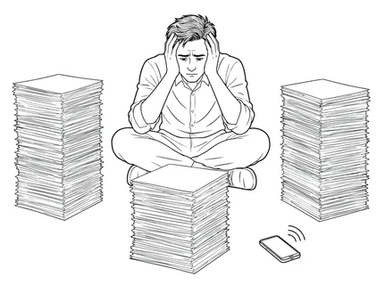 A man sits cross-legged amidst towering piles of documents, his head in his hands, while a mobile phone emits a notification sound