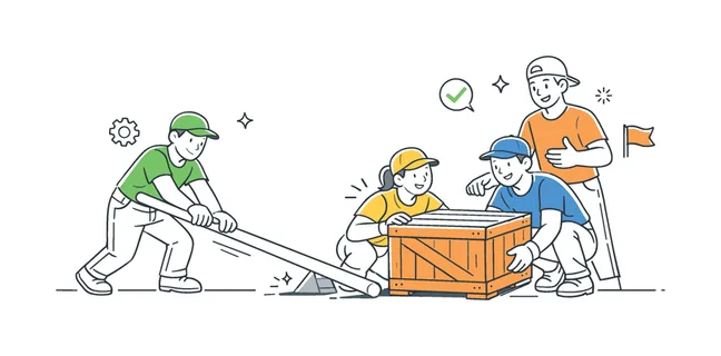 Manual labor teamwork concept illustrating individuals coordinating physical tasks and supporting each other to complete a shared objective efficiently, using a tool and