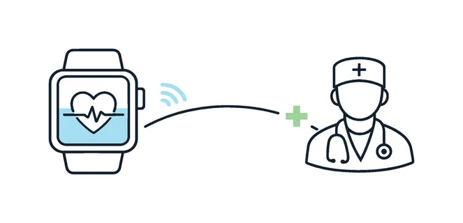 Continuous remote monitoring and preventive care in a connected health ecosystem supporting wellbeing, a smartwatch displaying a subtle heartbeat wave linked to a minimal doctor