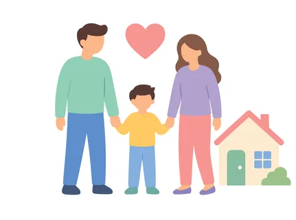 A stylized illustration depicts a father, mother, and child holding hands, with a heart and house symbolizing a happy family unit and home