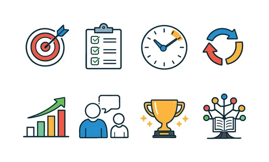 Skill development journey: goal target, checklist tasks, time management clock, practice repetition arrows, growth chart, mentorship guidance, achievement trophy,