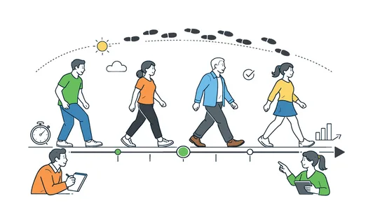 Walking sequence daily activity scene featuring individuals demonstrating stages of walking in a coordinated visual flow within a shared environment, using footsteps and