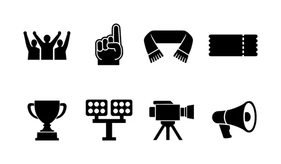 Football fan and event: cheering crowd, foam finger, team scarf, ticket, trophy cup, stadium lights, broadcast camera, megaphone.