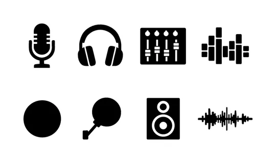 Podcast recording studio: podcast microphone, headphones headset, audio mixer console, sound wave bars, recording button circle, pop filter screen, studio monitor speaker, audio