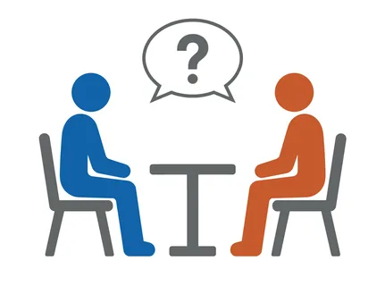 A simple graphic illustration depicting two individuals in a conversation, symbolized by a question mark, suggesting uncertainty or inquiry