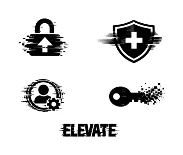 Digital permission escalation and privilege control theme, a set of 4 glitch-distorted monochrome objects placed on a perfectly clean white background, each object