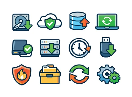 Data backup and recovery: hard drive backup, cloud backup shield, database restore arrow, laptop recovery screen, external backup disk, server rack backup, file restore clock arrow