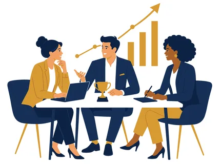A diverse group of professionals collaborates around a table, discussing progress with a trophy and upward trending graph symbolizing achievement