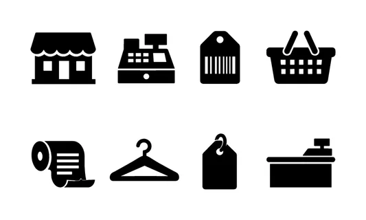 Retail store operations: storefront building, cash register, barcode tag, shopping basket, receipt roll, clothing hanger, price tag label, checkout counter