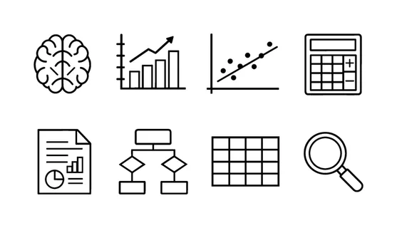 Analytical thinking tools: brain, data chart, graph with dots, calculator, document report, flowchart diagram, grid table, search icon.