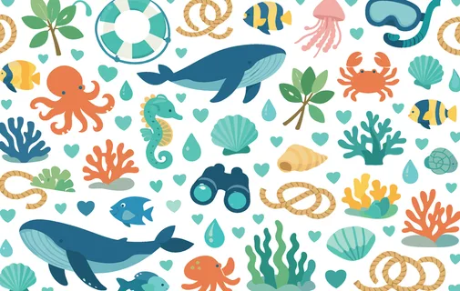 Marine wildlife protection seamless pattern focused on healthy ocean habitat with whale, jellyfish, octopus, crab, seahorse, reef fish, seaweed, coral, shell, water droplet,