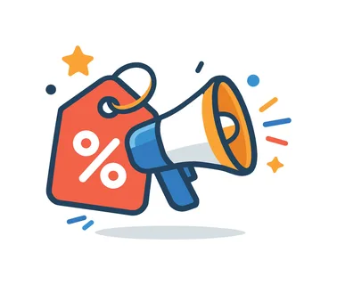 Sales promotion focused on boosting product visibility and increasing customer engagement in a retail or business context, a price tag combined with a megaphone and small