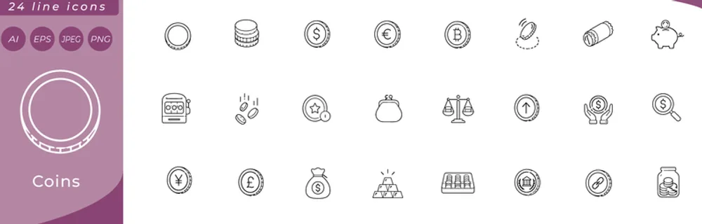 Coins: single coin face, coin stack, coin with dollar sign, coin with euro sign, coin with bitcoin symbol, coin flip in air, coin roll wrapper, piggy bank, coin slot machine, falling coins rain, coin