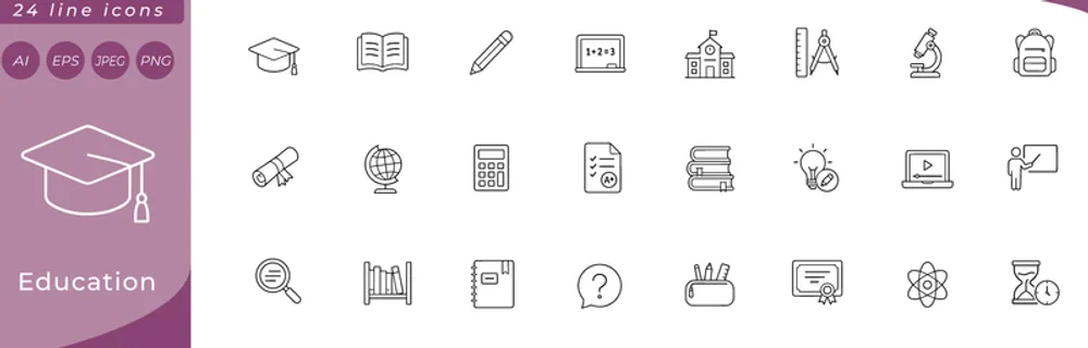 Education: graduation cap, open book, pencil, chalkboard with formula, school building, ruler and compass, microscope, backpack, diploma scroll, globe on stand, calculator, test paper with grade