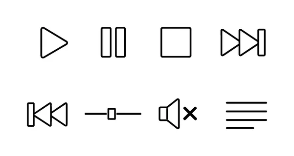 Music playback controls: play button, pause button, stop button, forward skip, rewind skip, volume slider, mute icon, playlist list.