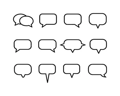 Geometric dialogue bubbles set: double speech bubble overlap, speech bubble with tail bottom left, speech bubble with tail bottom right, speech bubble with tail center bottom