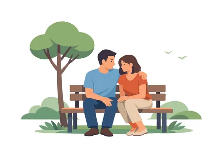 A couple enjoying a quiet romantic moment together in a peaceful park setting, represented by two people sitting on a simple bench beneath a minimal tree, symbolizing