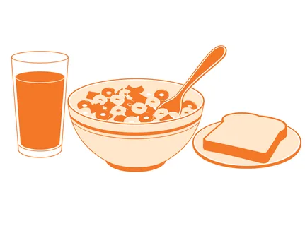A simple illustration of a glass of orange juice, a bowl of cereal with a spoon, and a slice of toast on a plate, perfect for morning meal concepts