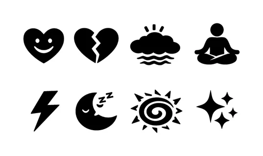 Mood states: heart smile, broken heart, stress cloud, zen lotus, energy lightning, sleepy moon, anxiety swirl, joy sparkles.
