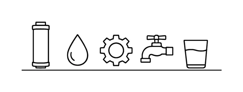 Clean water purification technology and filtration process improving water quality for homes, offices, and sustainable daily consumption, water filter cartridge, water drop, gear