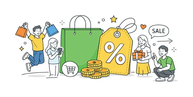 Discount sale event in a retail or online shopping context where customers take advantage of reduced prices and special offers, represented by a price tag with a