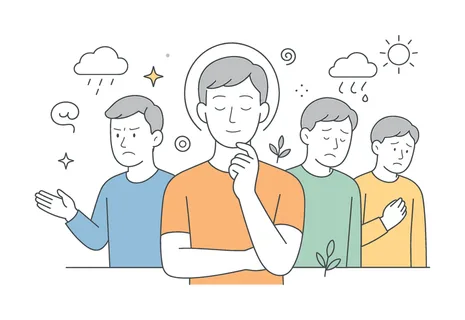 Individual exploring personal emotions and mental well-being as part of self-awareness and reflection in daily life, visualized with a metaphor of a central face
