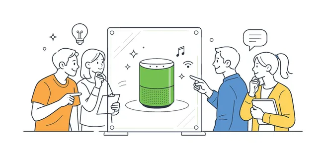 Individuals exploring showcased items or information through transparent glass interfaces in a modern setting, visualized with a metaphor of a simple glass panel