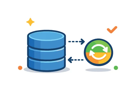 Digital data synchronization scenario centered on maintaining consistency and updating information across systems in remote workflows, a database icon connected to a
