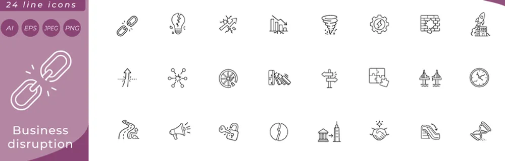 Business disruption: broken chain link, shattered lightbulb, zigzag arrow breaking through wall, falling bar chart with crack, tornado funnel, gear with lightning bolt badge, brick wall with hole