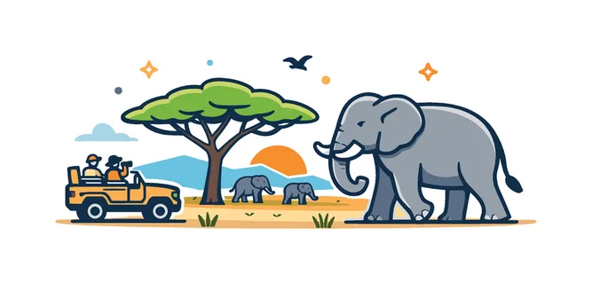 Wildlife travel adventure exploring the African savanna where visitors observe majestic elephants moving across open grasslands during a guided safari experience, a large elephant