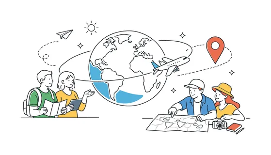 A travel exploration scenario where people plan international adventures and map out flight journeys to distant places around the world, visual metaphor of an airplane moving along