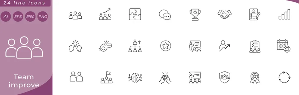 Team improve: group of people silhouettes, upward arrow over team, puzzle pieces connecting, speech bubbles overlapping, trophy with star badge, handshake, feedback form with pencil, skill level bar