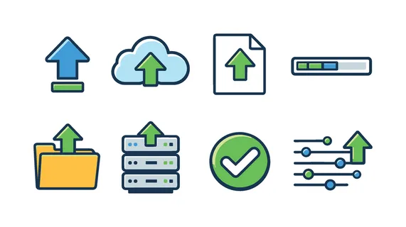 File upload process: upload arrow, cloud with arrow up, file document, progress bar, folder with arrow, server stack, checkmark confirmation, data transfer lines.