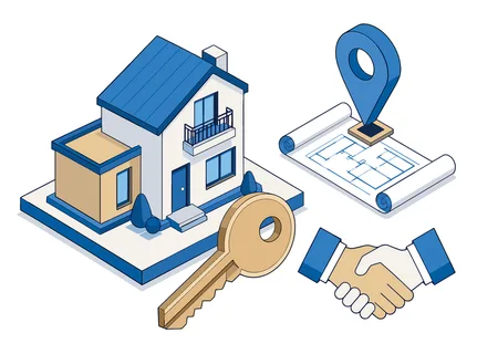 Isometric illustration symbolizing home buying, selling, or rental agreements with key elements like a house, blueprint, and handshake