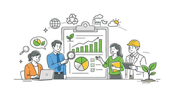 Environmental impact assessment and reporting in a corporate or public sector setting, depicted by a clipboard with a graph and a simple plant as the main elements,