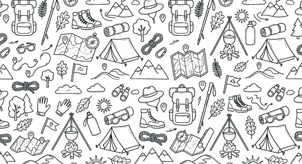 Outdoor teamwork and hiking journey concept focused on collaboration, planning, and shared outdoor experiences in nature exploration activities. Objects of backpack, hiking stick,