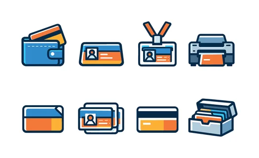 Networking stationery icons: card sliding from wallet, card on desk surface, lanyard ID card, card printing machine, die cut corner card, layered transparent cards, magnetic stripe